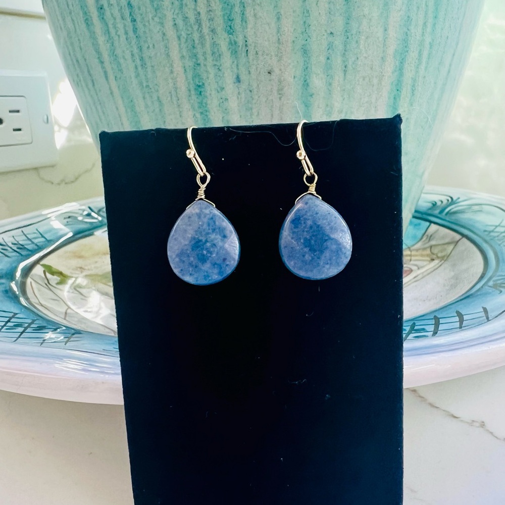 Blue Teardrop Dangle Earrings with Gold Hooks